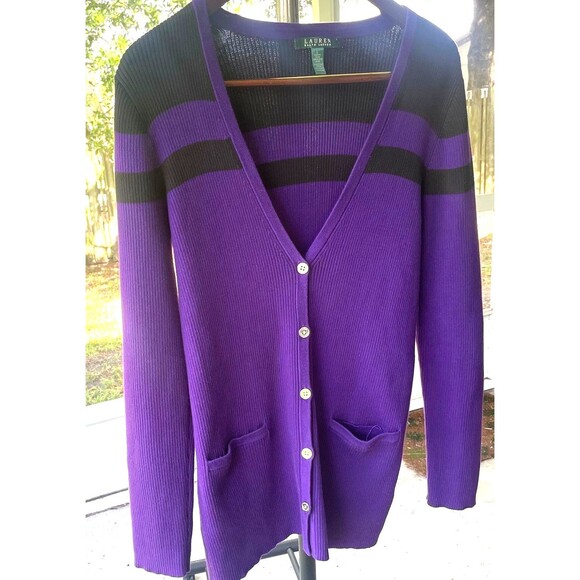 Lauren Ralph Lauren SZ LARGE  Purple and Black V-Neck Ribbed Cardigan Preppy - Picture 2 of 12